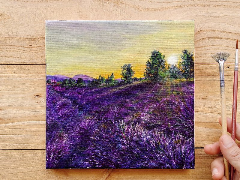 【薰衣草日出】丙烯风景画原作 | 浪漫紫色花海 | 书卧房花卉挂画 - 海报/装饰画/版画 - 棉．麻 
