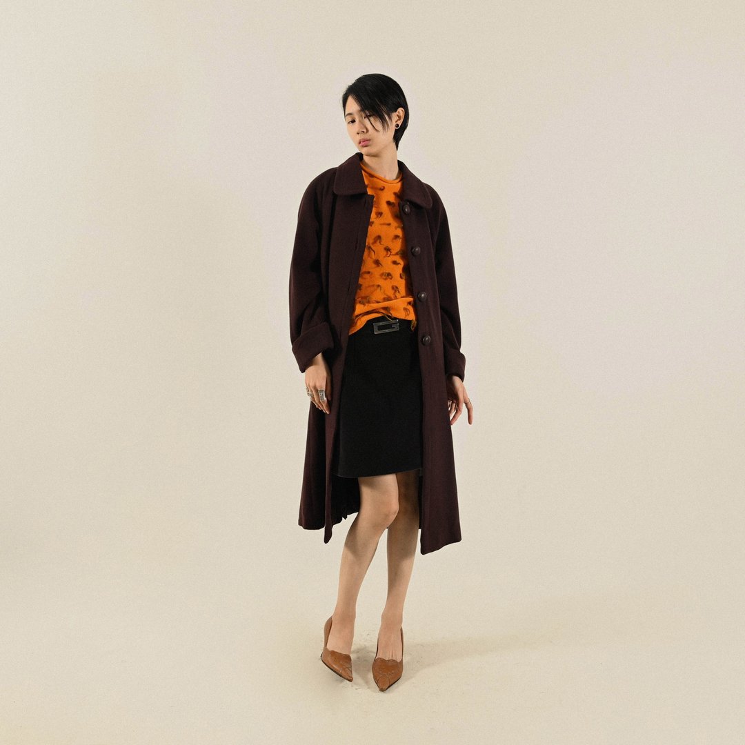 【NaSuBi Vintage】日本制 100% 喀什米尔羊毛古着大衣 - 女装休闲/机能外套 - 羊毛 咖啡色