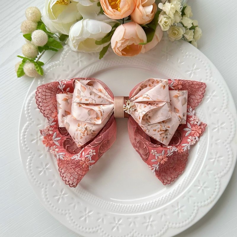 弹夹-独家花边蕾丝蝴蝶结发夹-暗橘红色 - 发饰 - 其他材质 红色