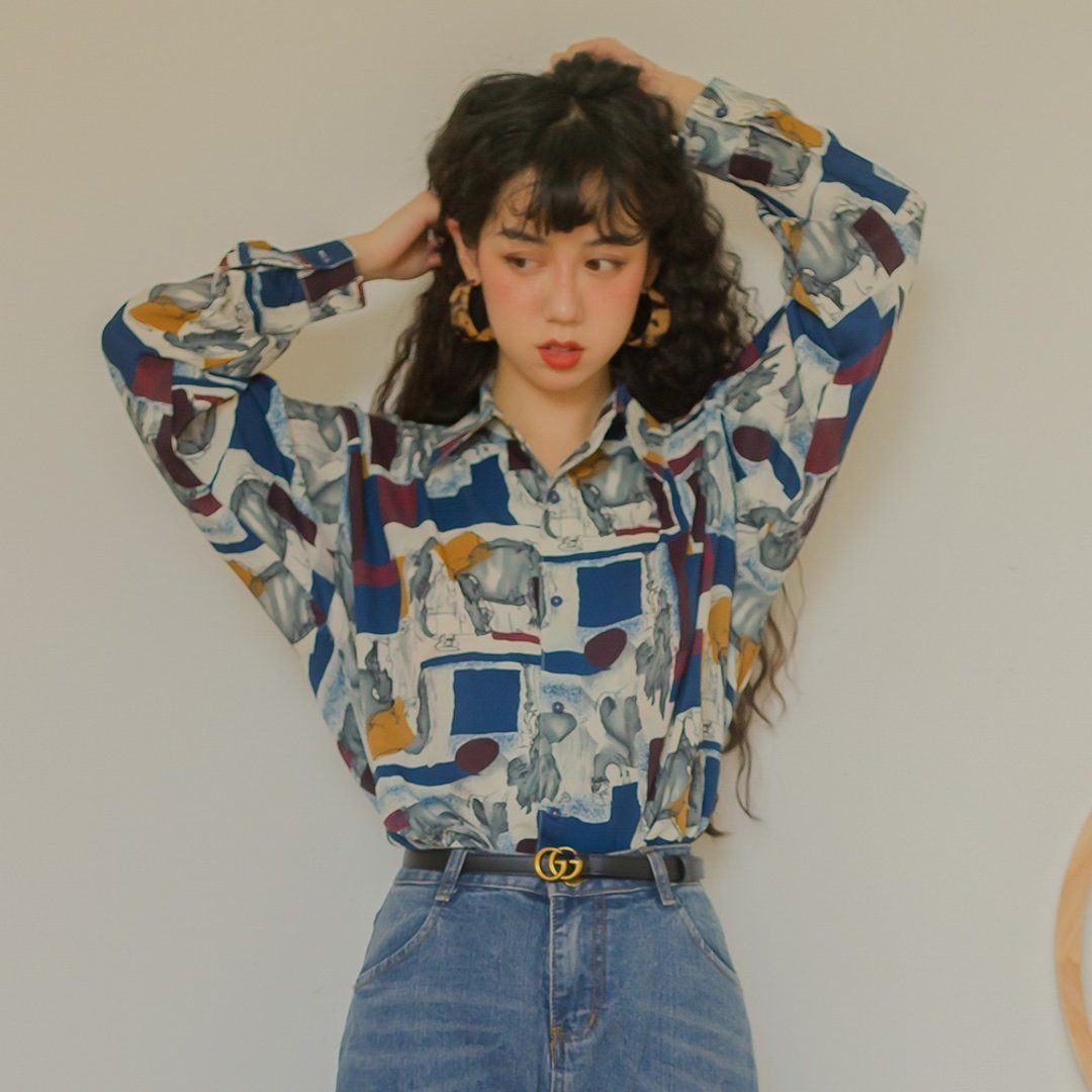 ziziFei法式复古印花衬衫港风古着感vintage巴洛克宽松长袖衬衣女 - 女装衬衫 - 聚酯纤维 蓝色