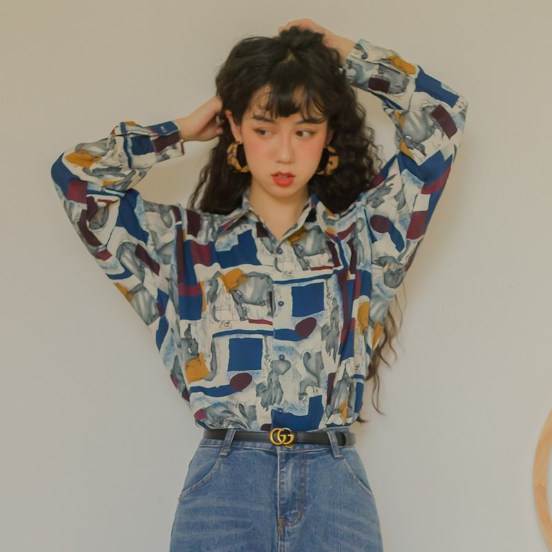 ziziFei法式复古印花衬衫港风古着感vintage巴洛克宽松长袖衬衣女 - 女装衬衫 - 聚酯纤维 蓝色