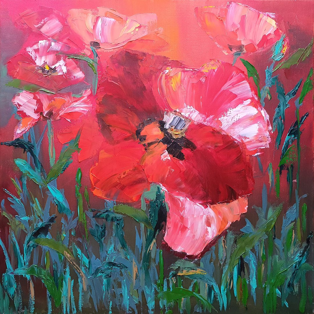 Poppy Painting Flowers Original Artwork Wildflowers Wall Art  Meadow Floral Art - 海报/装饰画/版画 - 其他材质 红色