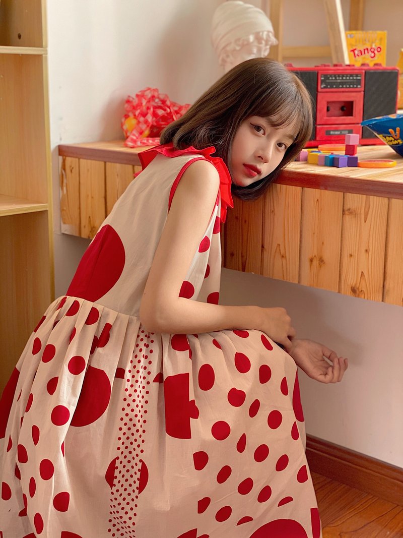 红色波点拼布 花边领 不规则剪裁 寬鬆背心洋裝 薄款 - 洋装/连衣裙 - 棉．麻 红色