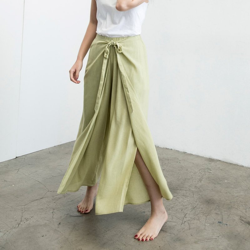 前绑带开岔裤 - 草绿 - 女装长裤 - 棉．麻 绿色