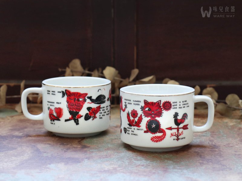 早期印花厚实咖啡杯－动物儿歌 (餐具/旧物/老件/大同/陶瓷) - 咖啡杯/马克杯 - 陶 红色
