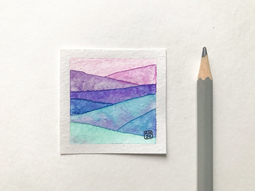 原创小水彩画微型小艺术迷你艺术 2 x 2 英寸 - 墙贴/壁贴 - 纸 粉红色
