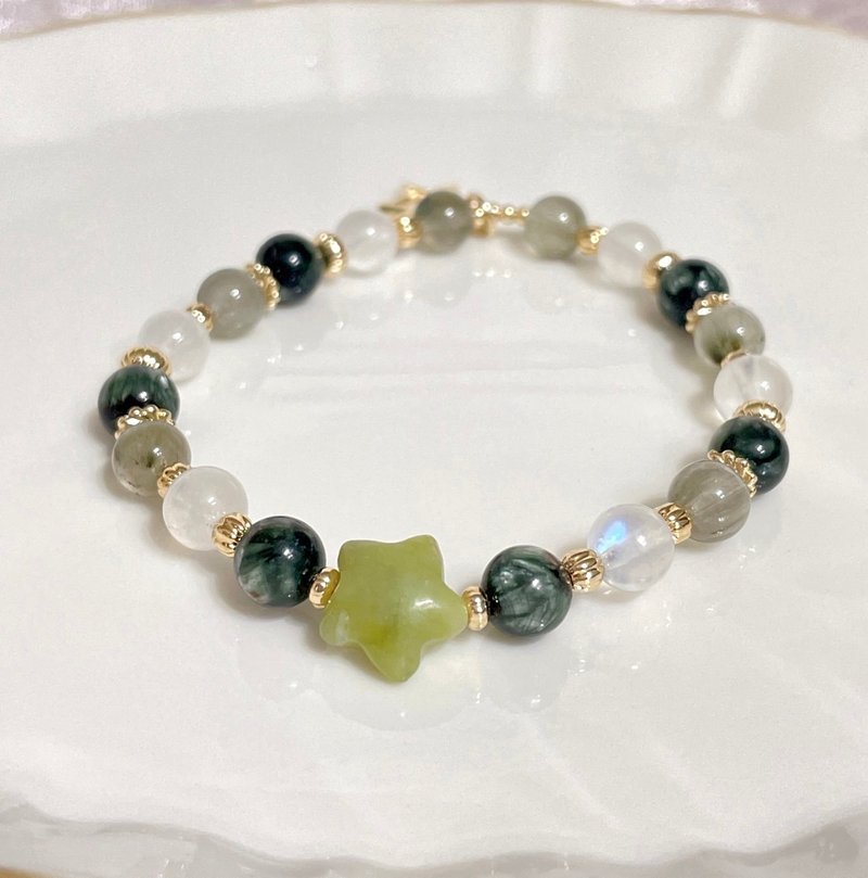 招财/桃花/南方玉星星/绿龙晶/绿发晶/月光石/14K保色弹性手环 - 手链/手环 - 其他金属 白色