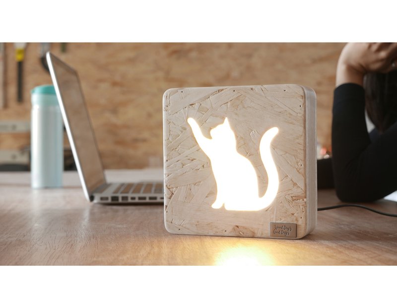 可爱猫 木制座台灯 猫奴 浪漫小夜灯 灯箱 手制  交换礼物 - 灯具/灯饰 - 木头 咖啡色