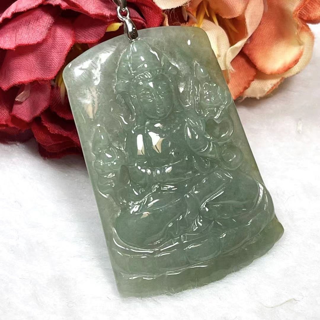 多宝晶石/天然翡翠A货大势至菩萨/西方三圣/马守护神/防血光/附证 - 项链 - 玉石 绿色