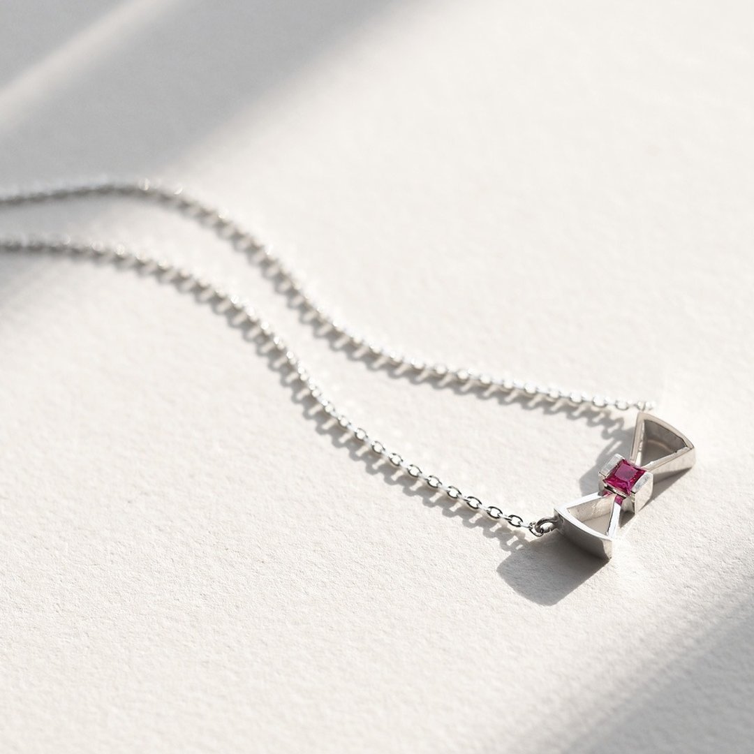 Ruby) Ribbon Necklace Silver 925 - 项链 - 其他金属 红色