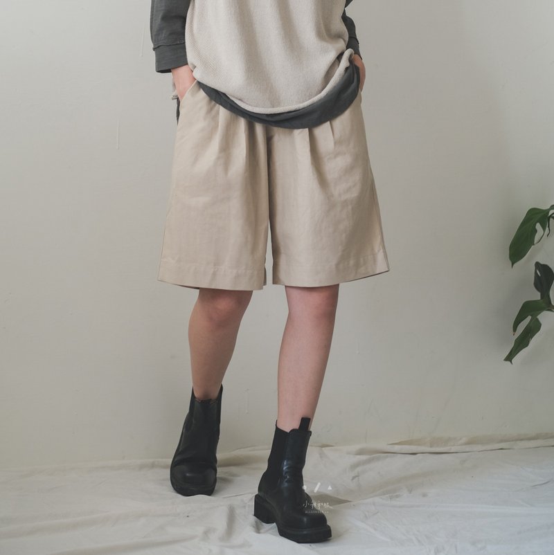 艹知道绑绳打褶棉麻短裤 - 2色-棉麻米 - 女装短裤 - 棉．麻 卡其色