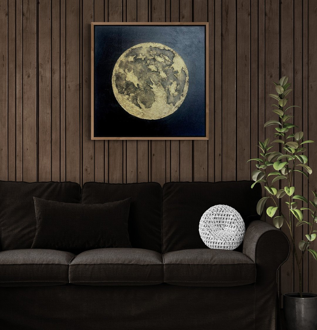 抽象金月亮布面油画客厅墙艺术画 - 墙贴/壁贴 - 棉．麻 黑色