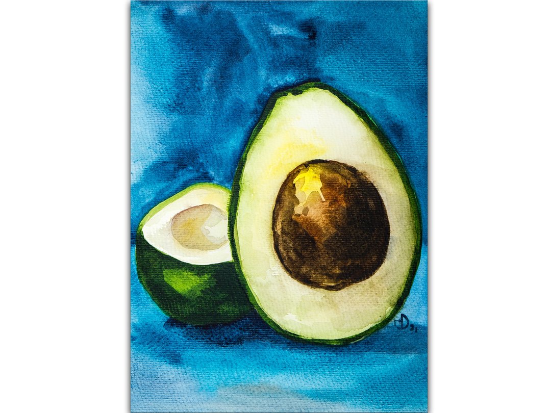 Avocado Painting Kitchen Food Still Life Original Art Fruit Watercolor Painting - 海报/装饰画/版画 - 纸 绿色
