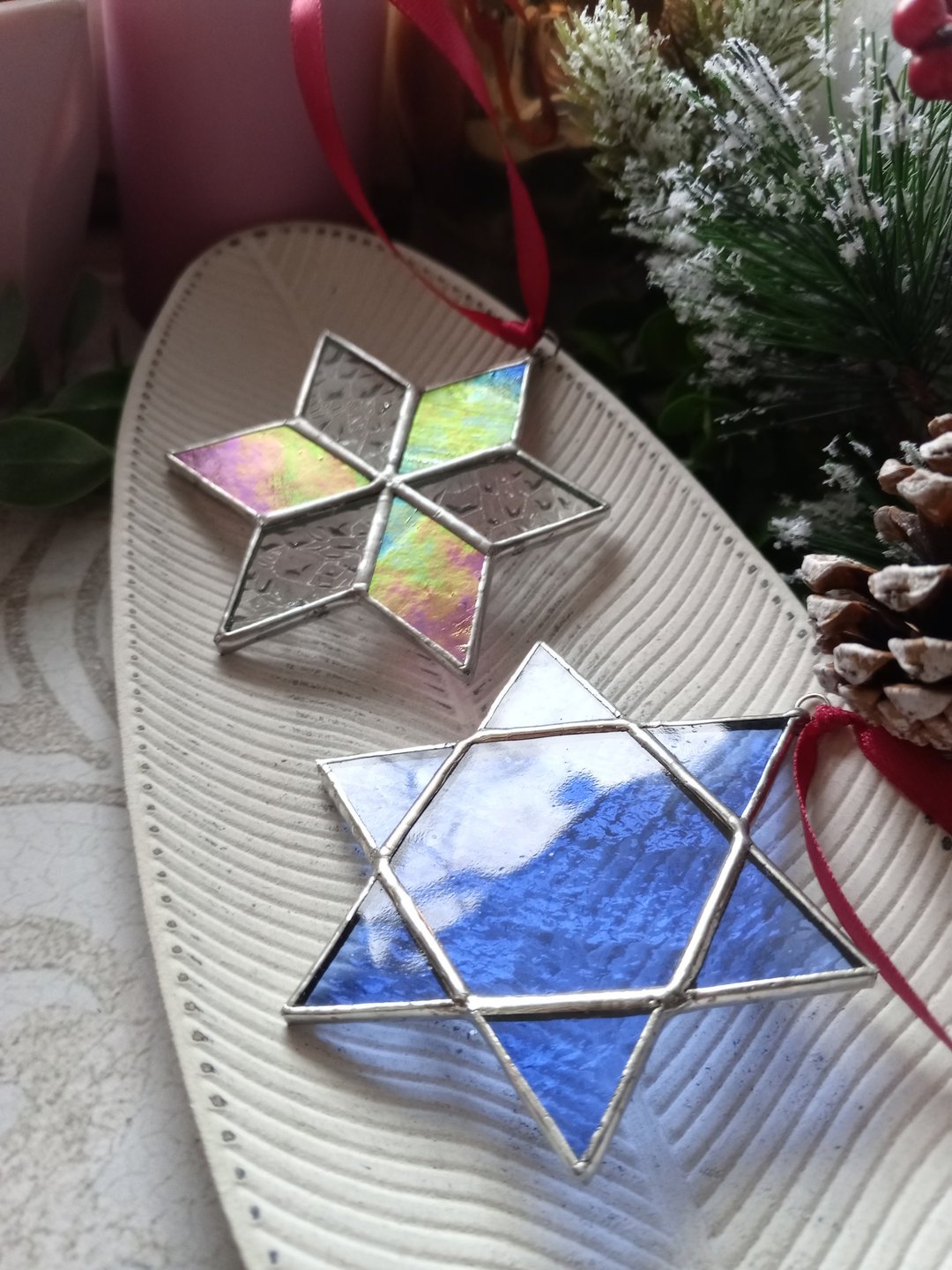 一组两件的雪花日光吊饰梅卡巴圣诞饰品，简约彩绘玻璃 - 其他 - 玻璃 多色