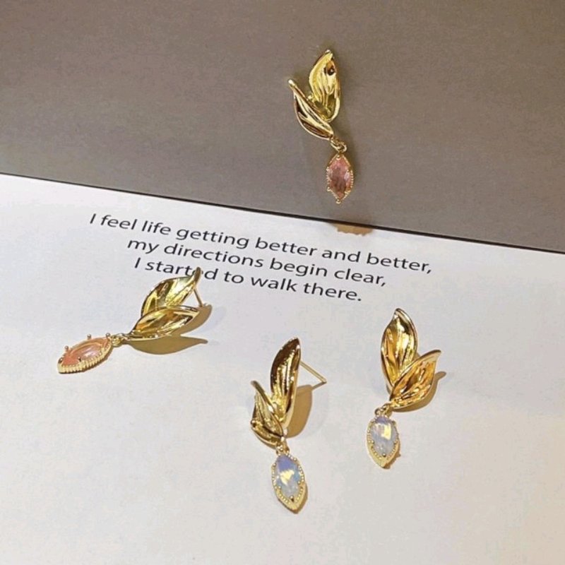 1KM 似水年华•复古金叶宝石耳环-2色 - 耳环/耳夹 - 半宝石 