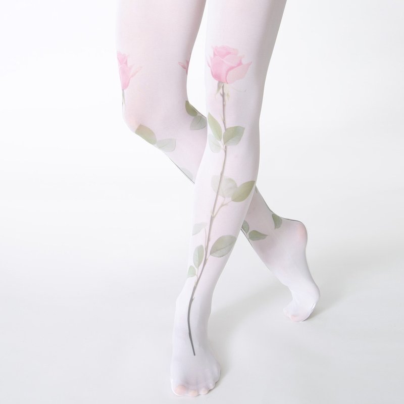 粉色玫瑰花卉裤袜，大尺码服饰 - 女装内搭/紧身裤 - 尼龙 白色