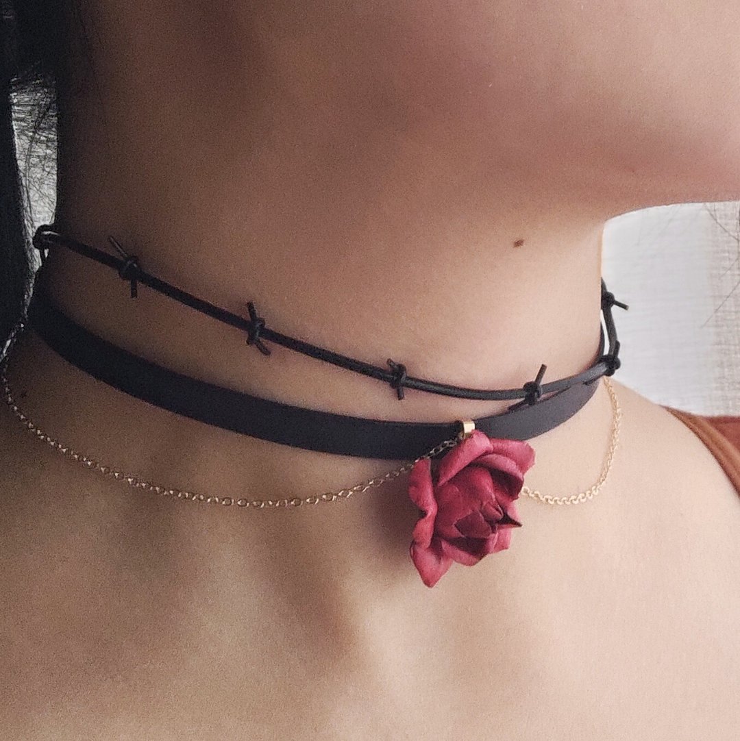 皮革工艺 荆棘蔷薇 choker 颈圈 - 颈链 - 真皮 红色