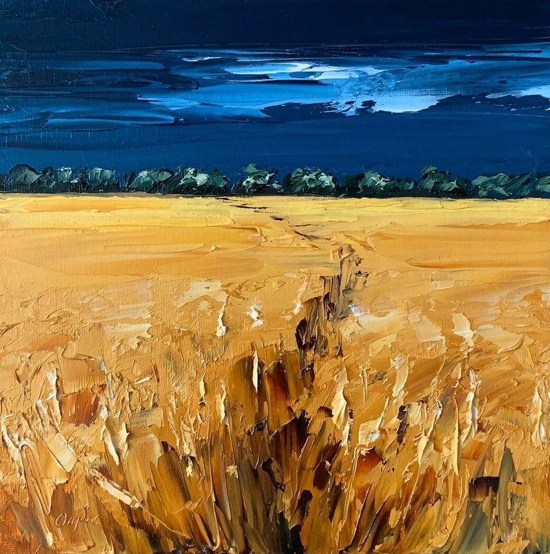 Original Yellow Field Landscape Night Oil Painting On Canvas Textured Impasto - 墙贴/壁贴 - 棉．麻 多色
