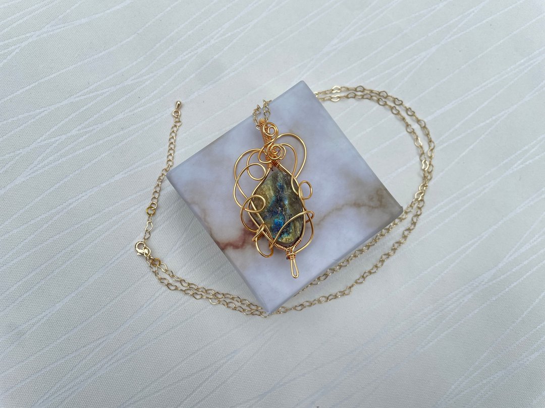 #220930 wire wrapping 拉长石原石 铜线 绕线 吊堕 - 项链 - 铜/黄铜 黄色