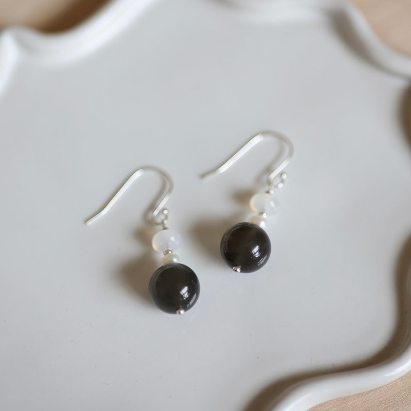 暹罗猫月光圆石纯银耳环　可改耳夹 - 耳环/耳夹 - 半宝石 咖啡色