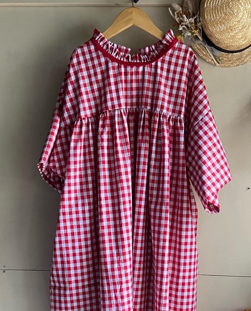 Red plaid yoke gather dress - 洋装/连衣裙 - 棉．麻 红色