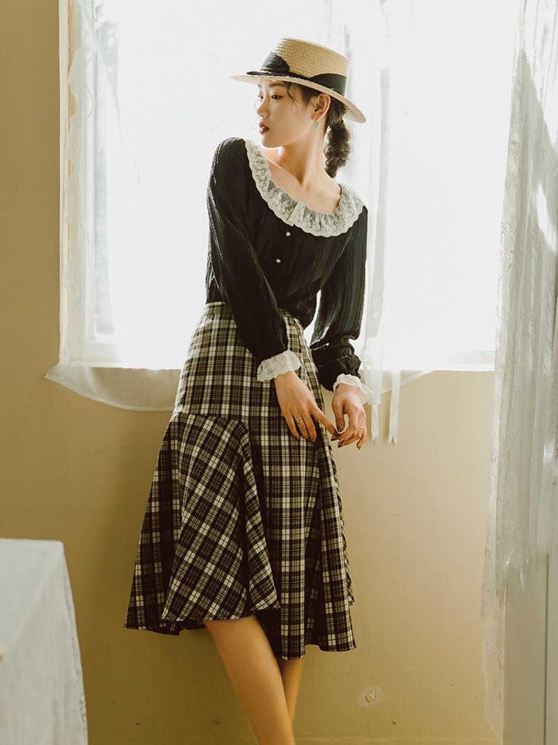 2020女装复古蕾丝设计感格子半身裙 - 女装衬衫 - 聚酯纤维 黑色