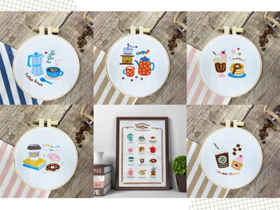 【影片教学】咖啡时光刺绣超值全材料包套组 - 共 6 款 - 编织/刺绣/羊毛毡/裁缝 - 棉 