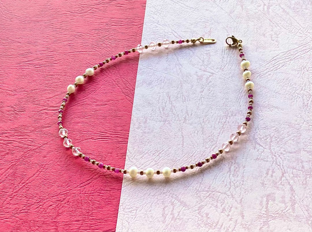 Romantic Pink｜红宝石与玻璃珠短项链 - 项链 - 宝石 粉红色