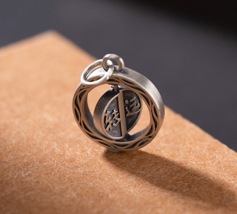 Chinese GOOD LUCK Spinning Pendants for Women Thai Silver Vintage Necklaces - 长链 - 纯银 银色