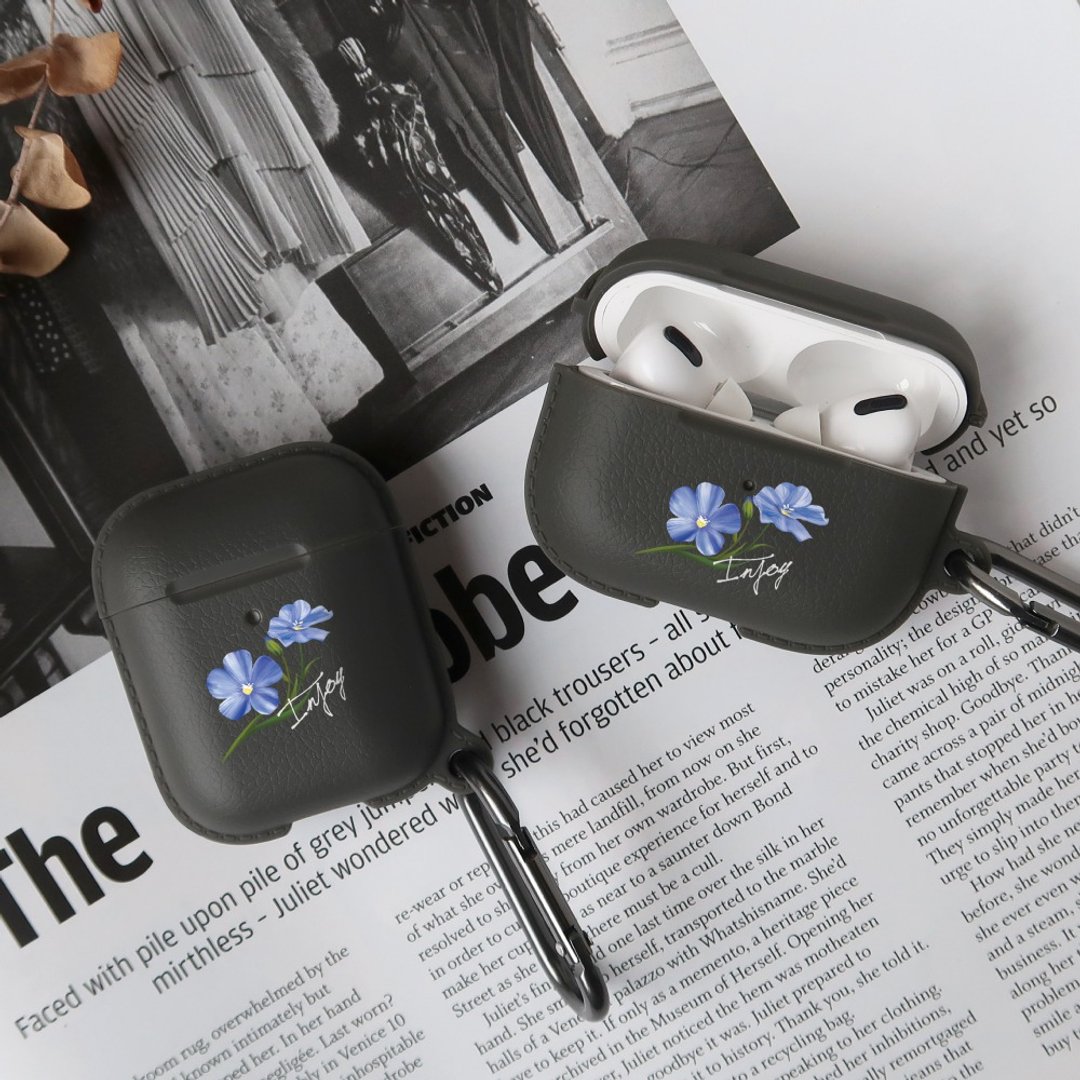 AirPods / AirPods Pro 清新蓝色亚麻花 保护套 TPU收纳盒 附挂勾 - 耳机收纳 - 塑料 灰色