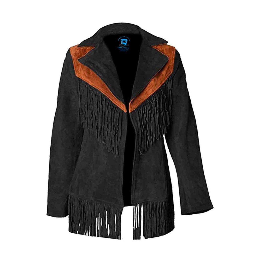 Women Vintage Black Suede Leather Fringe Jacket - 女装西装外套/风衣 - 真皮 黑色