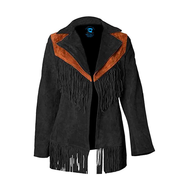 Women Vintage Black Suede Leather Fringe Jacket - 女装西装外套/风衣 - 真皮 黑色