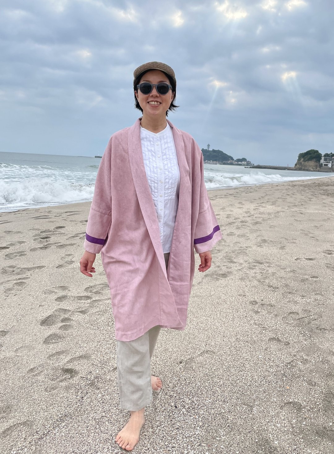 Made in Japan Hand-dyed Purple sky Haori jacket coat Mud-dyed pale purple cotton Linen haori earth color - 女装西装外套/风衣 - 棉．麻 紫色
