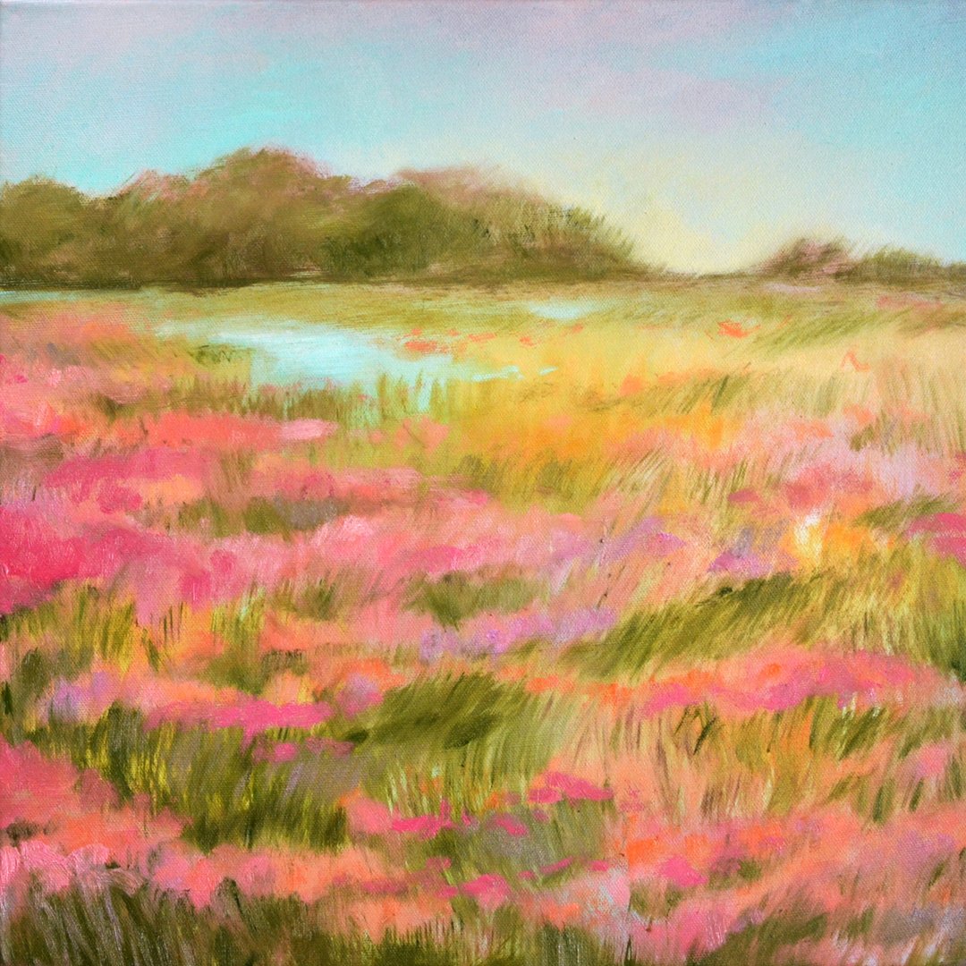 布面风景油画 40x40cm 盛开的草地 16'x16' 天空艺术 - 插画/绘画/写字 - 其他材质 绿色