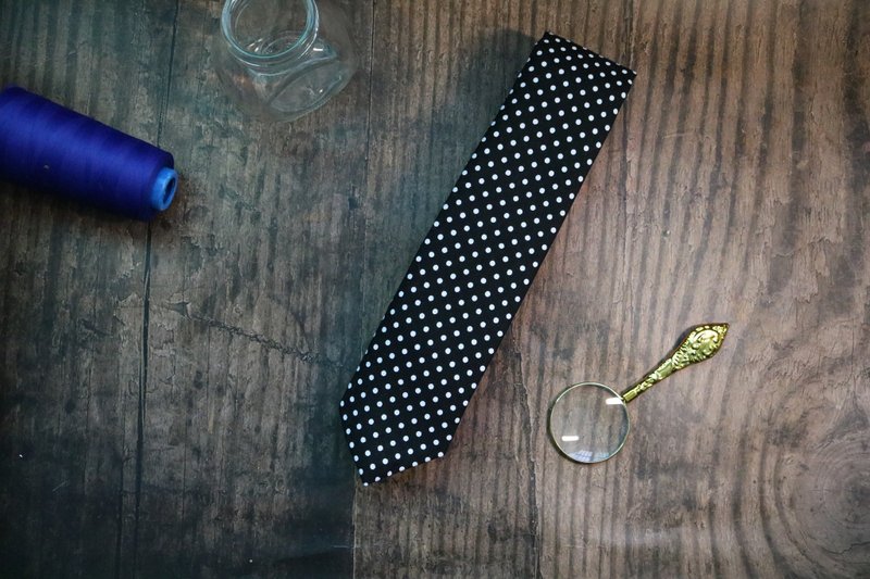 黑色波點領帶英倫風窄版設計Neckties百搭 - 领带/领带夹 - 聚酯纤维 黑色