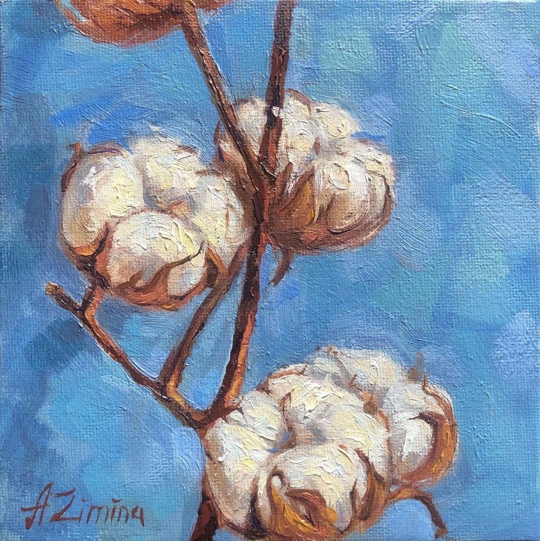 Cotton painting, original art, cotton flowers oil painting - 海报/装饰画/版画 - 其他材质 蓝色