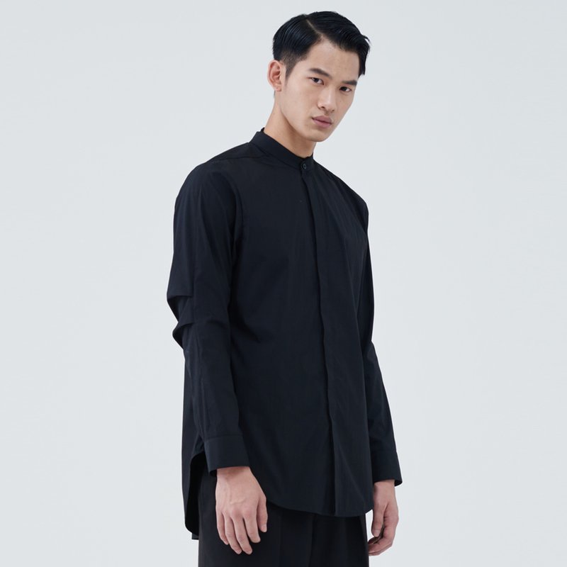 TRAN - 亨利领打褶袖衬衫 - 男装上衣/T 恤 - 棉．麻 黑色