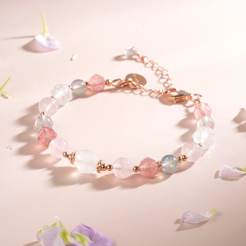 粉晶草莓晶白幽灵拉长石月光石14K包金水晶手链 礼物 - 手链/手环 - 水晶 粉红色