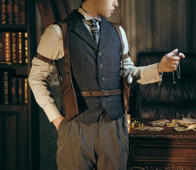 合作限定  诡秘之主×蒸汽大陆 克莱恩系列男西装格纹背心 - 男装背心 - 其他材质 灰色