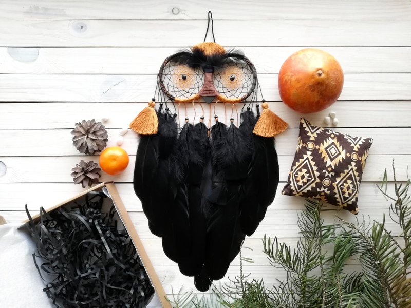 Owl dream catcher, Black dreamcatcher, Gothic wall decor, Bedroom wall hanging - 墙贴/壁贴 - 木头 黑色