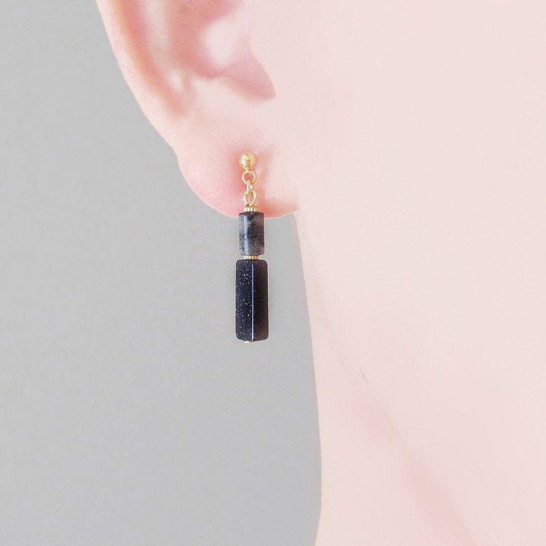 Larvikite and blue gold stone, clip on earrings - 耳环/耳夹 - 石头 灰色
