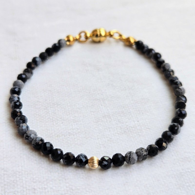 【日本制造】雪花黑曜石细致手链，即使笨手笨脚也能轻松上手，零负担一触即开 - 手链/手环 - 宝石 黑色