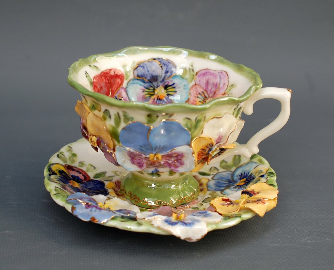 Pansies Cup and saucer Porcelain Flowers Tea Set Multicolored violets - 茶具/茶杯 - 瓷 多色