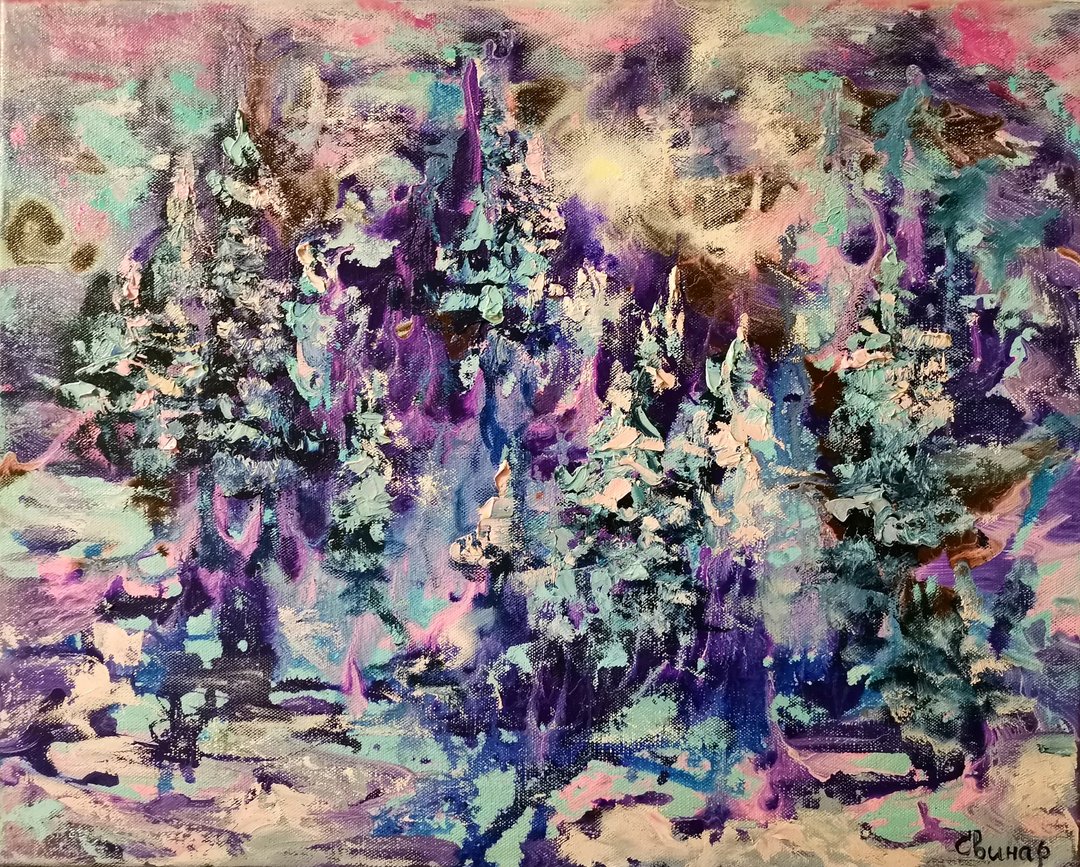 Moon Forest Winter Oil Painting Art Original Canvas Christmas Artist Svinar Oksa - 其他 - 其他材质 多色
