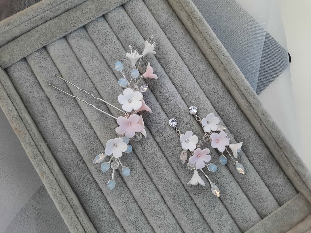 White opal pink hair pin, Bridal flower rose, Bride floral wedding - 发饰 - 粘土 