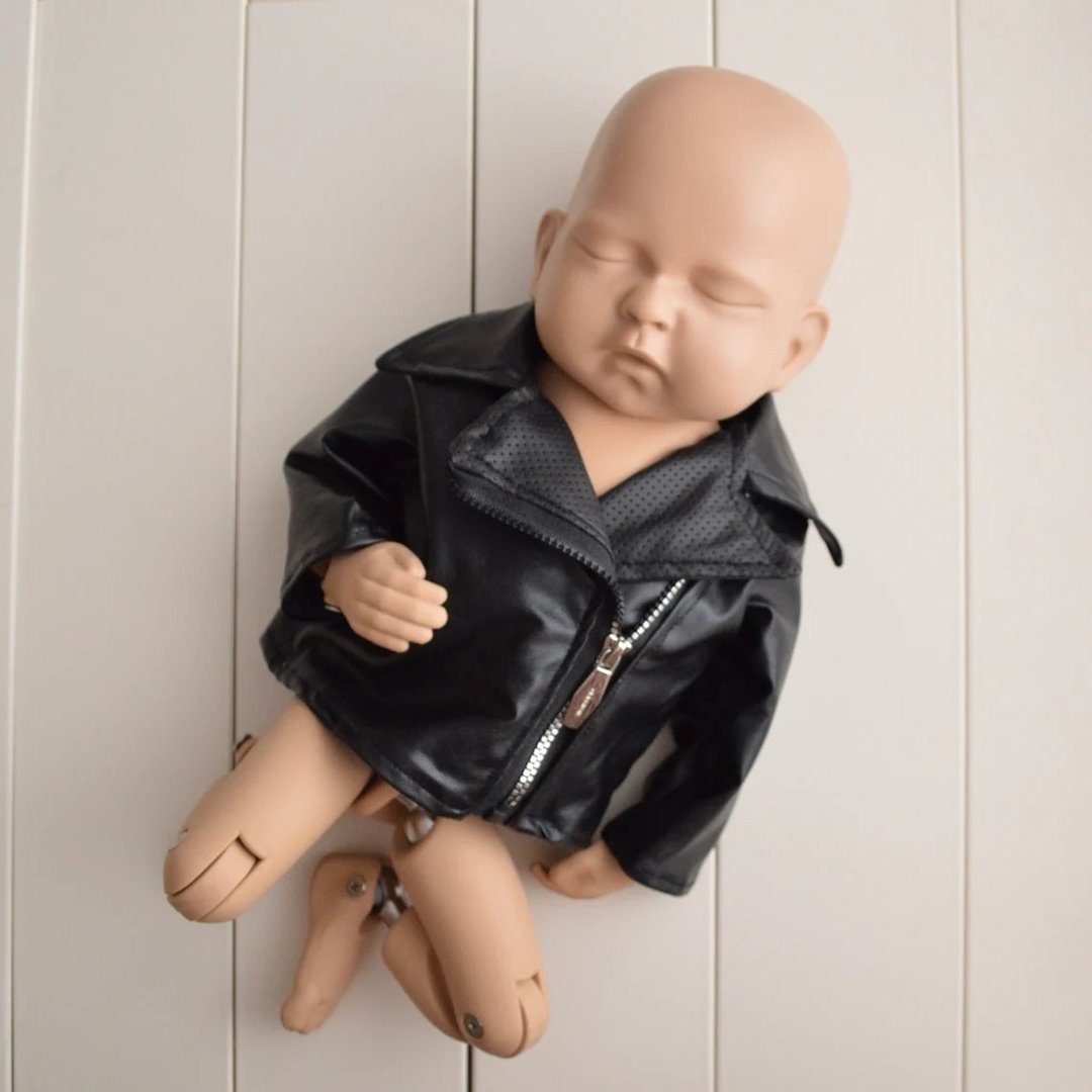 Newborn leather jacket photo prop. Black newborn props. Biker newborn outfit - 亲子装 - 其他材质 黑色