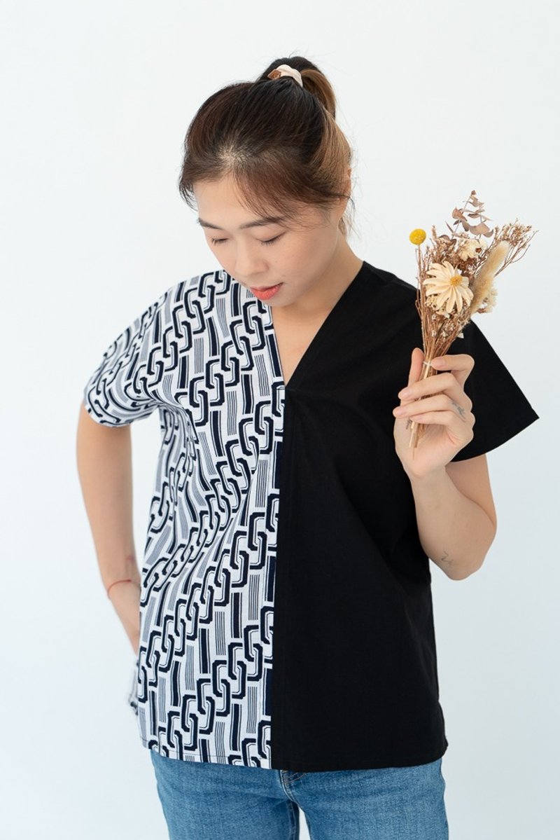 独一无二帅气深蓝黑白撞色几何锁链纯棉四角衣四方衣撞色 - 女装背心 - 棉．麻 黑色