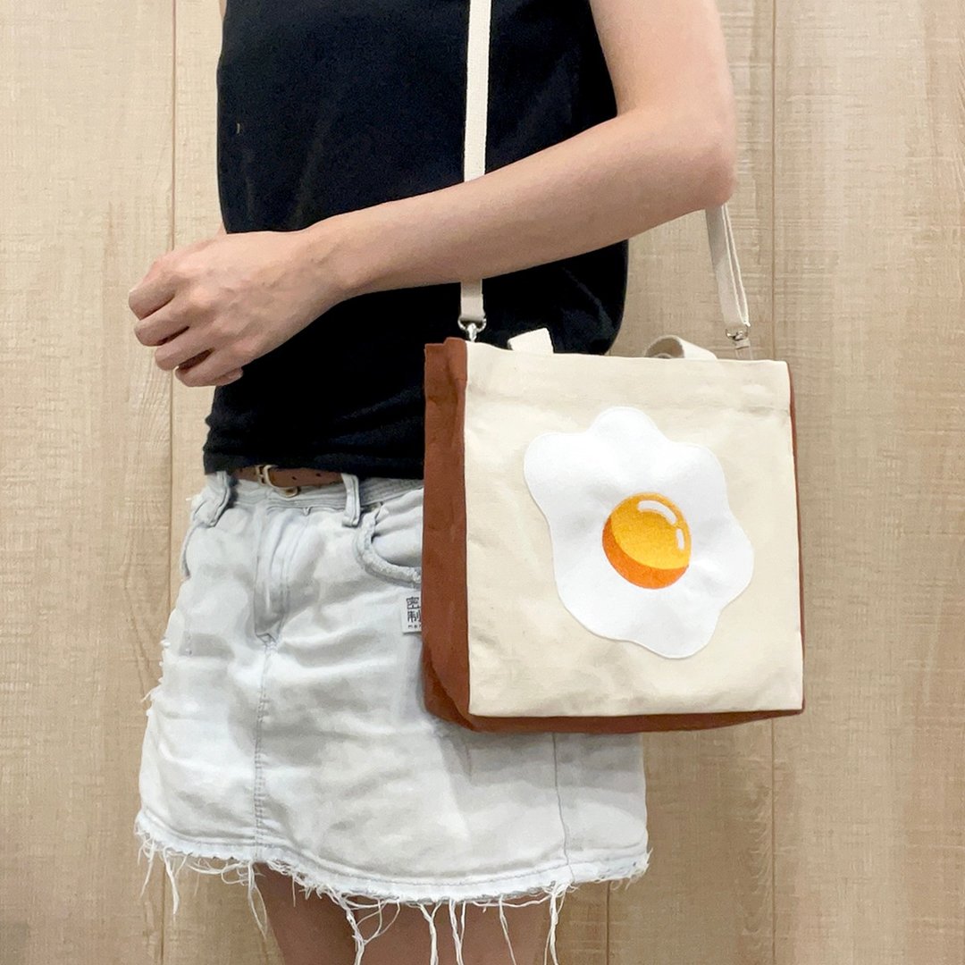 【立体布袋】厚吐司太阳蛋, 手挽/斜背帆布袋 - 侧背包/斜挎包 - 棉 咖啡色