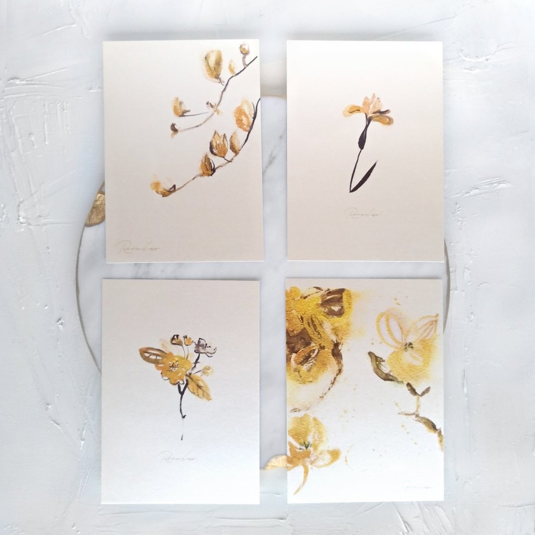 【CL珠光明信片】手绘金色花卉－春夏秋冬 全套4入组 - 卡片/明信片 - 纸 