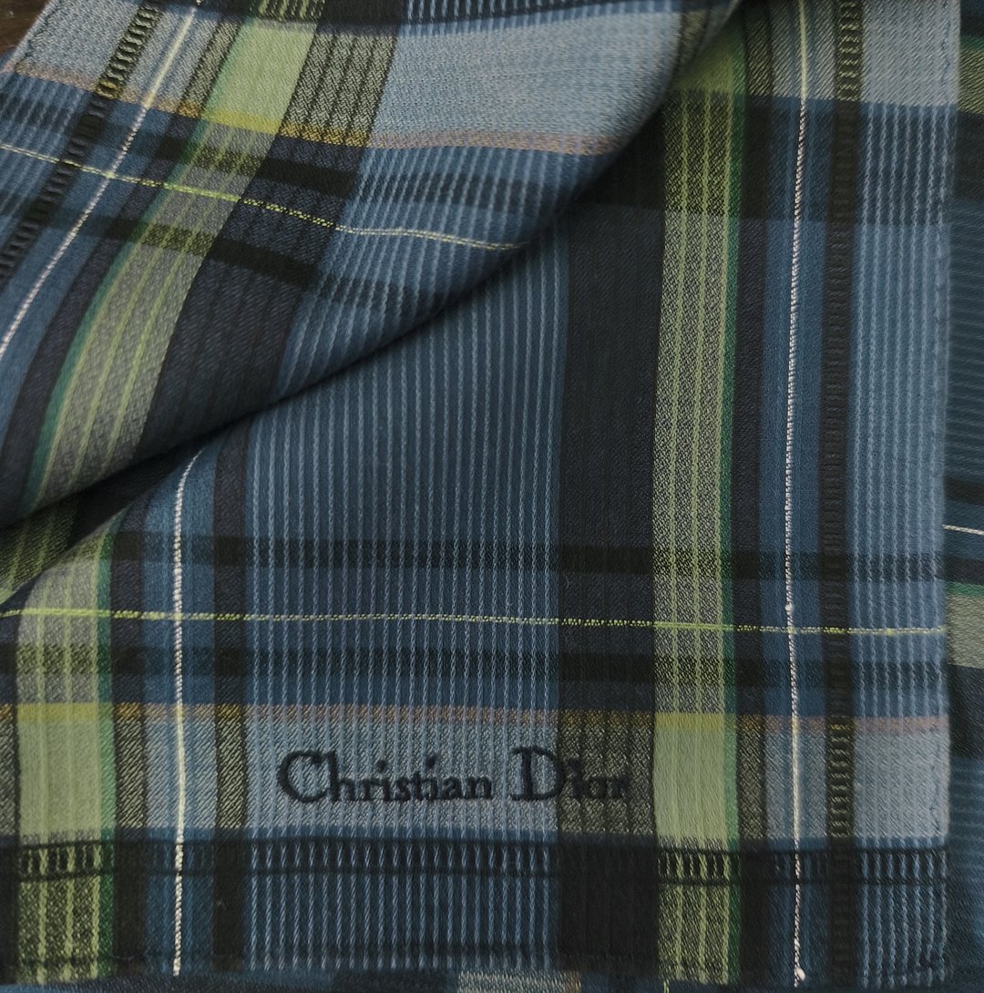 复古 Christian Dior 蓝色格纹织纹手帕 Tartan 19 x 19 英寸 - 手帕/方巾 - 棉．麻 蓝色